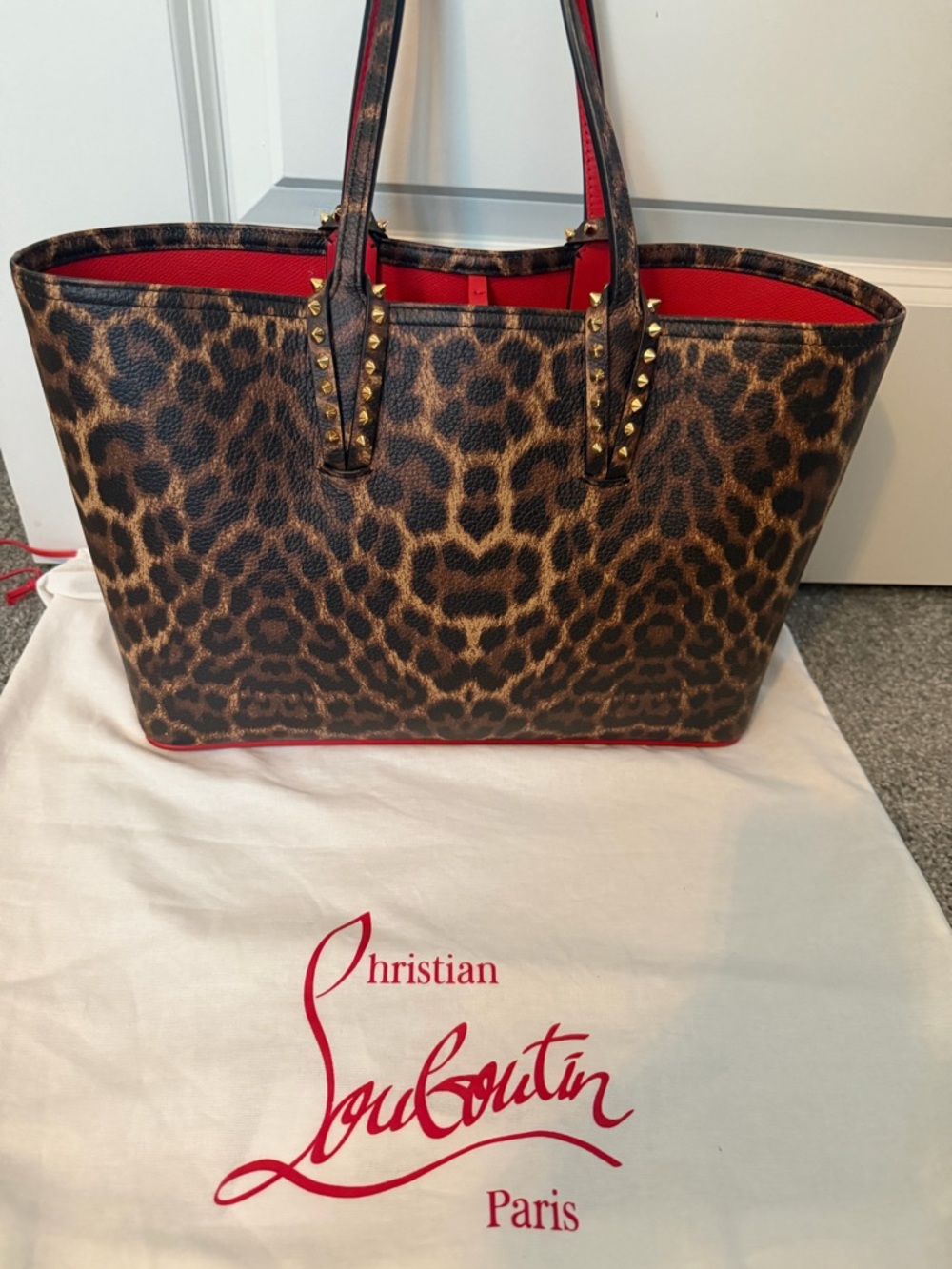 Christian Louboutin Cabata small Leopard-Print Studded Tote with Red Interior